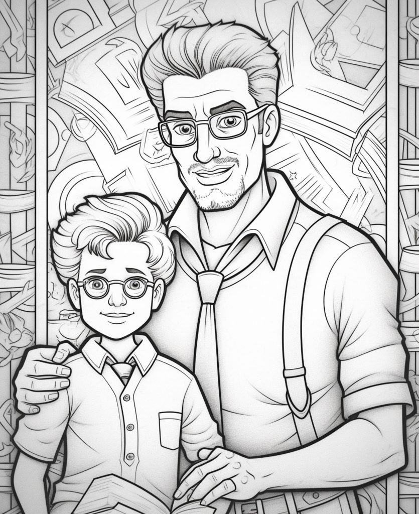 a drawing of a man and a boy in front of a stained glass window.