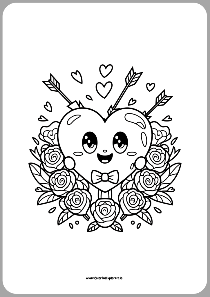 Cupid Smiling Heart A Cute Valentine Arrow and Roses Coloring Page