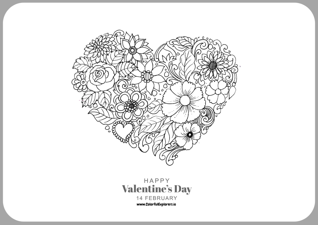 Floral Heart Happy Valentines Day Elegant Coloring Page