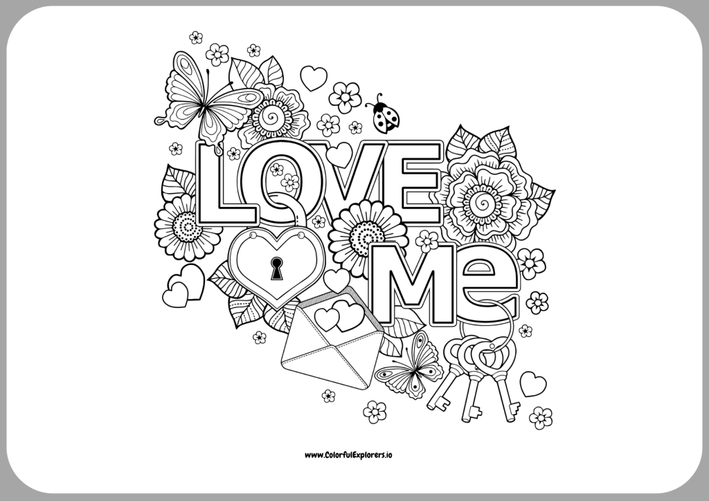 Love Me A Beautiful Floral Valentine Lock and Keys Coloring Page