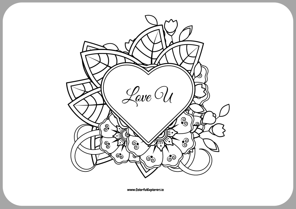Love You Floral Heart A Beautiful Valentine Coloring Page