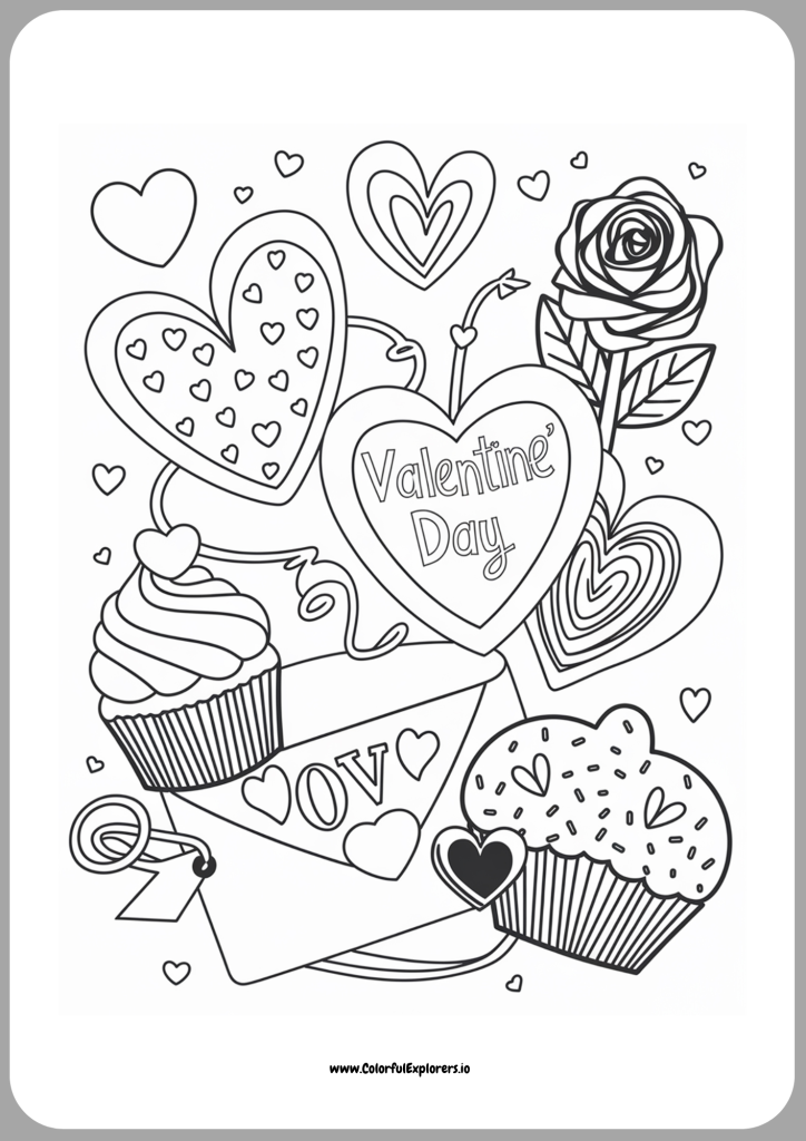 Valentines Day Sweet Treats and Love Filled Coloring Page