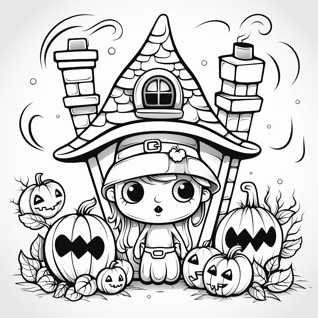 Adorable Halloween witches haunted houses fun coloring page