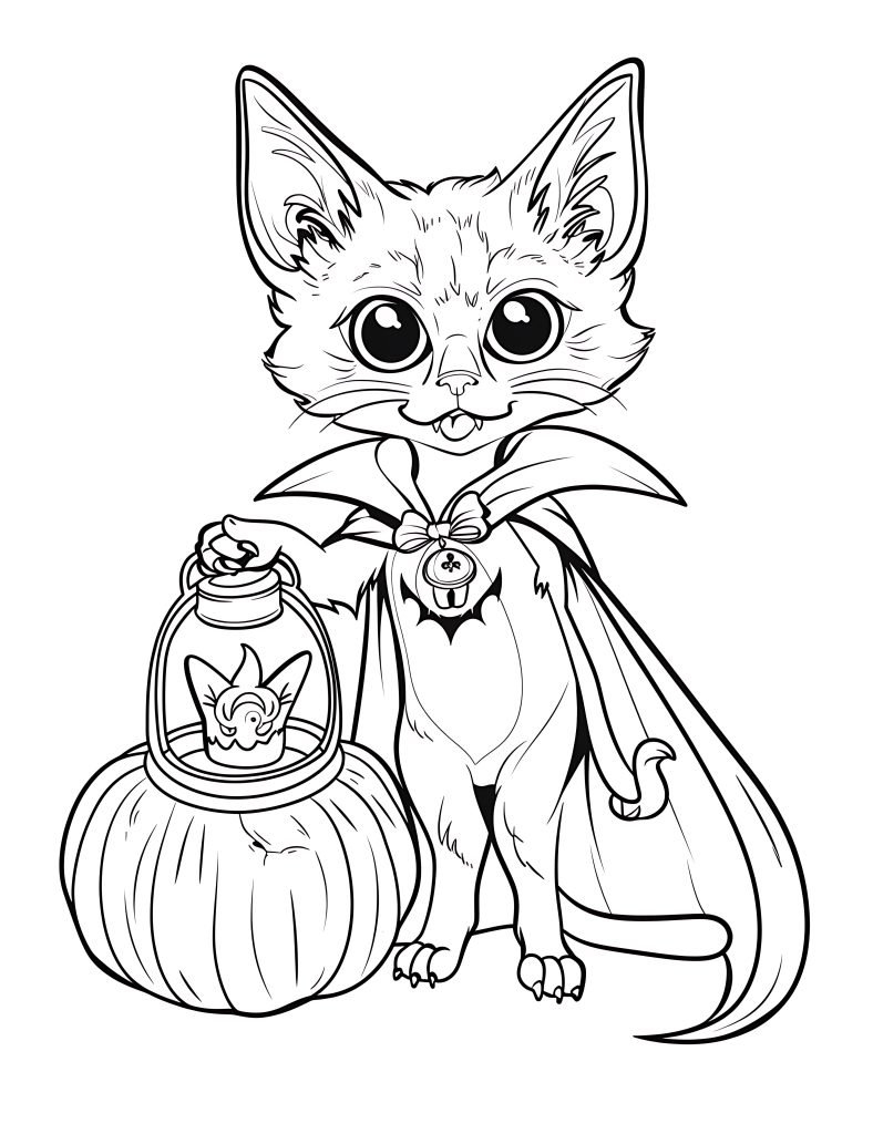Black and white drawing of a cat dressed as a vampire with a pumpkin