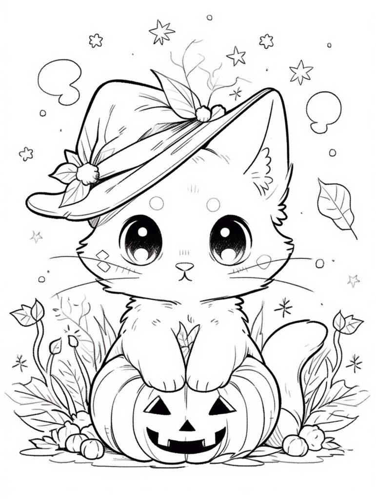 Black and white drawing of a cat wearing a witch hat