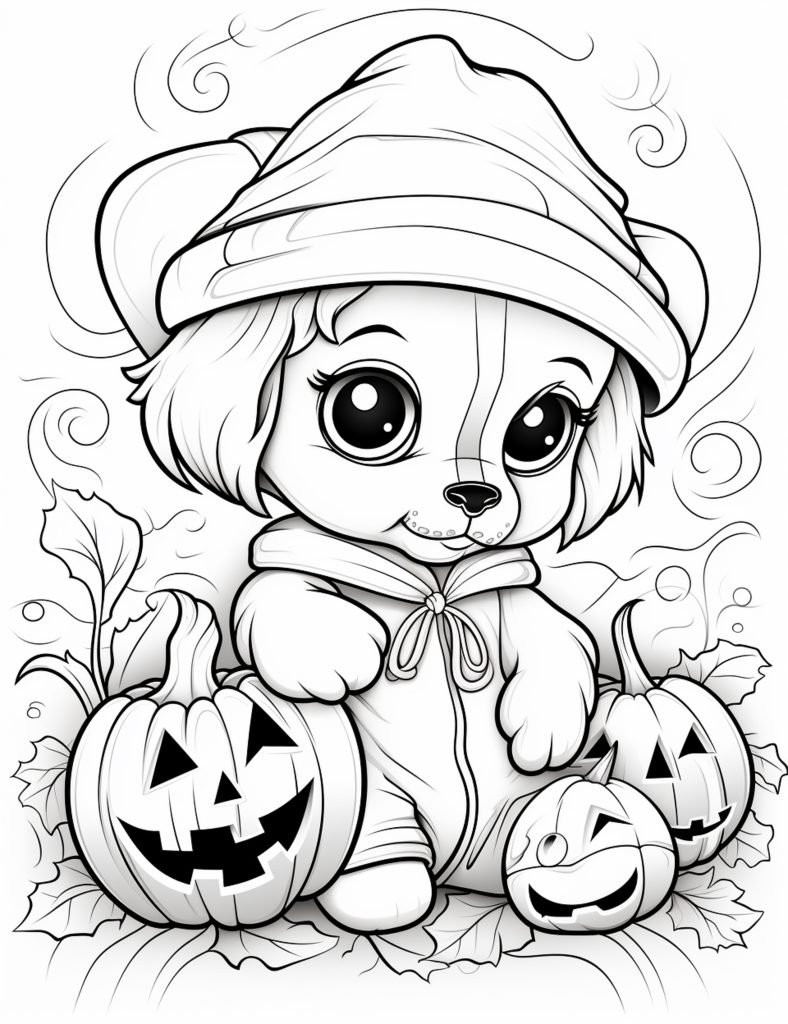 Black and white drawing of a dog in a witch costume