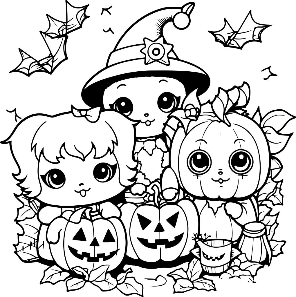 black white drawing three kids pumpkin with pumpkin it
