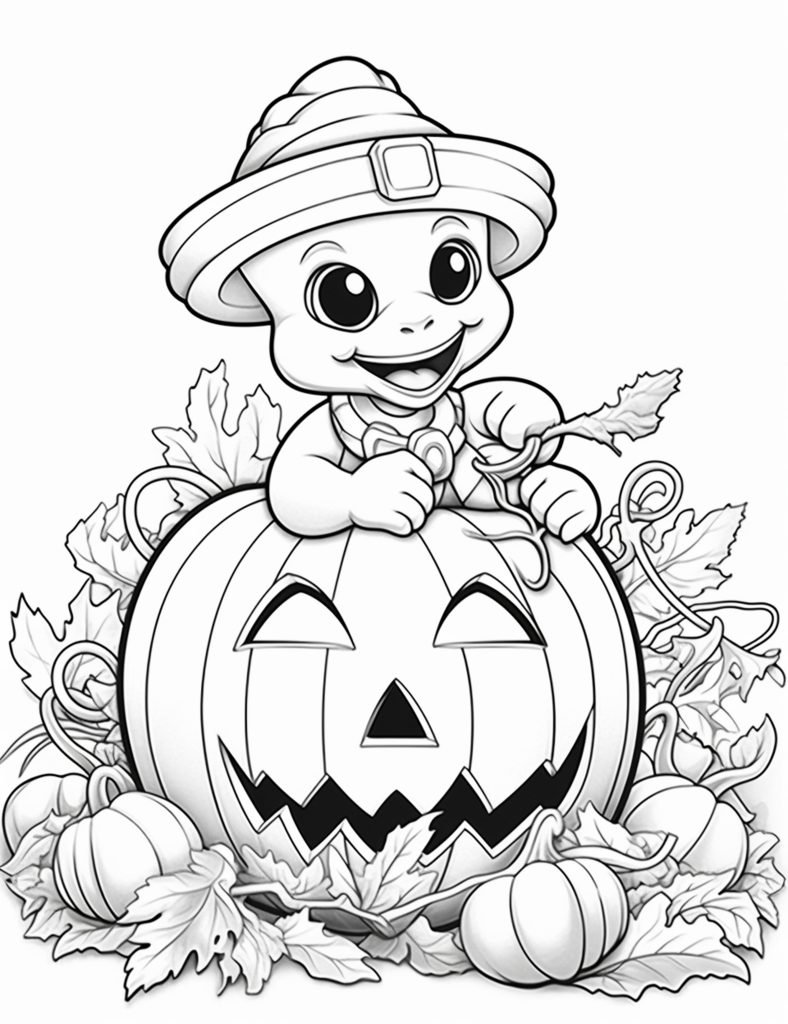 Cartoon baby in a witch hat sitting on a pumpkin