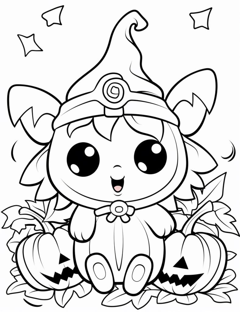 a cartoon cat in a witch hat sitting on a pumpkin. generative ai