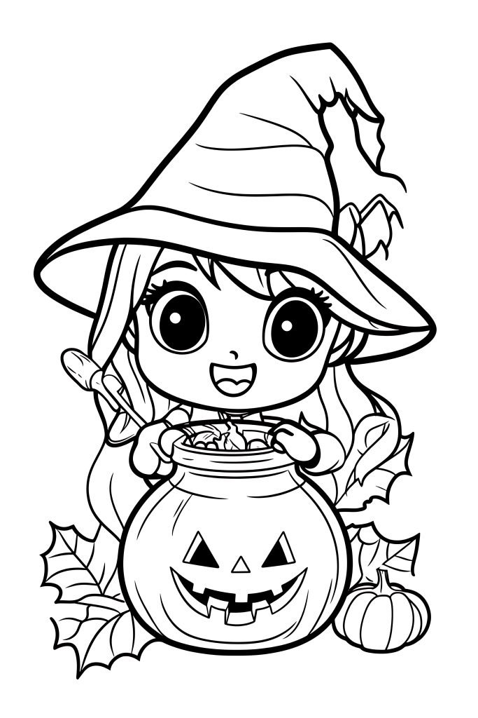 Cartoon witch with a pumpkin and a hat on