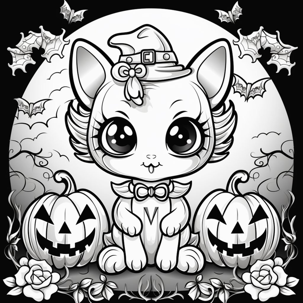 Close up of a cat with hat and pumpkins.