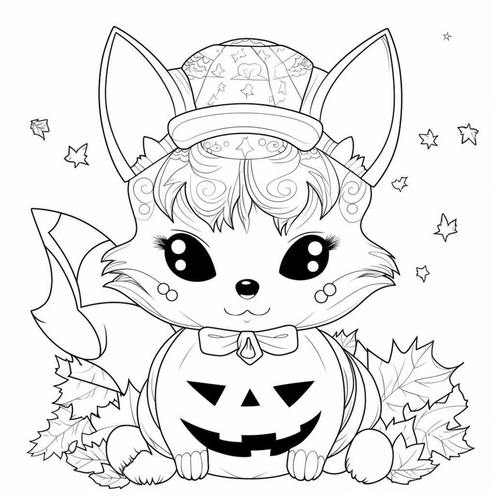 Coloring page of a cat with a hat and pumpkin.