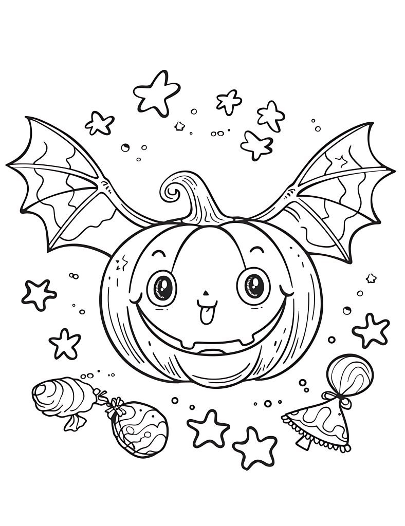 Coloring page with a pumpkin and bats