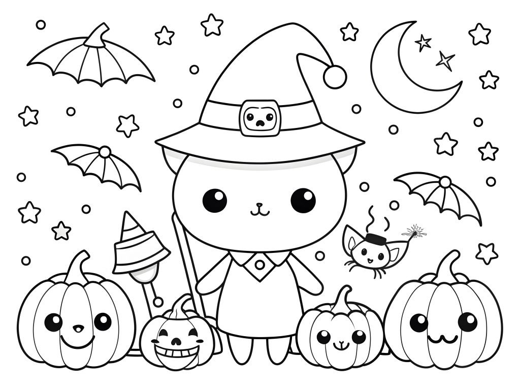 Happy Halloween hand drawn kawaii coloring