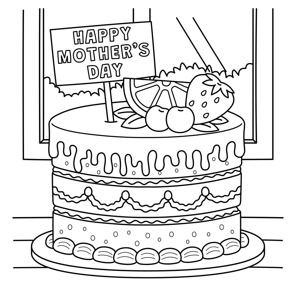 Happy Mothers Day Cake Coloring Page for Kids