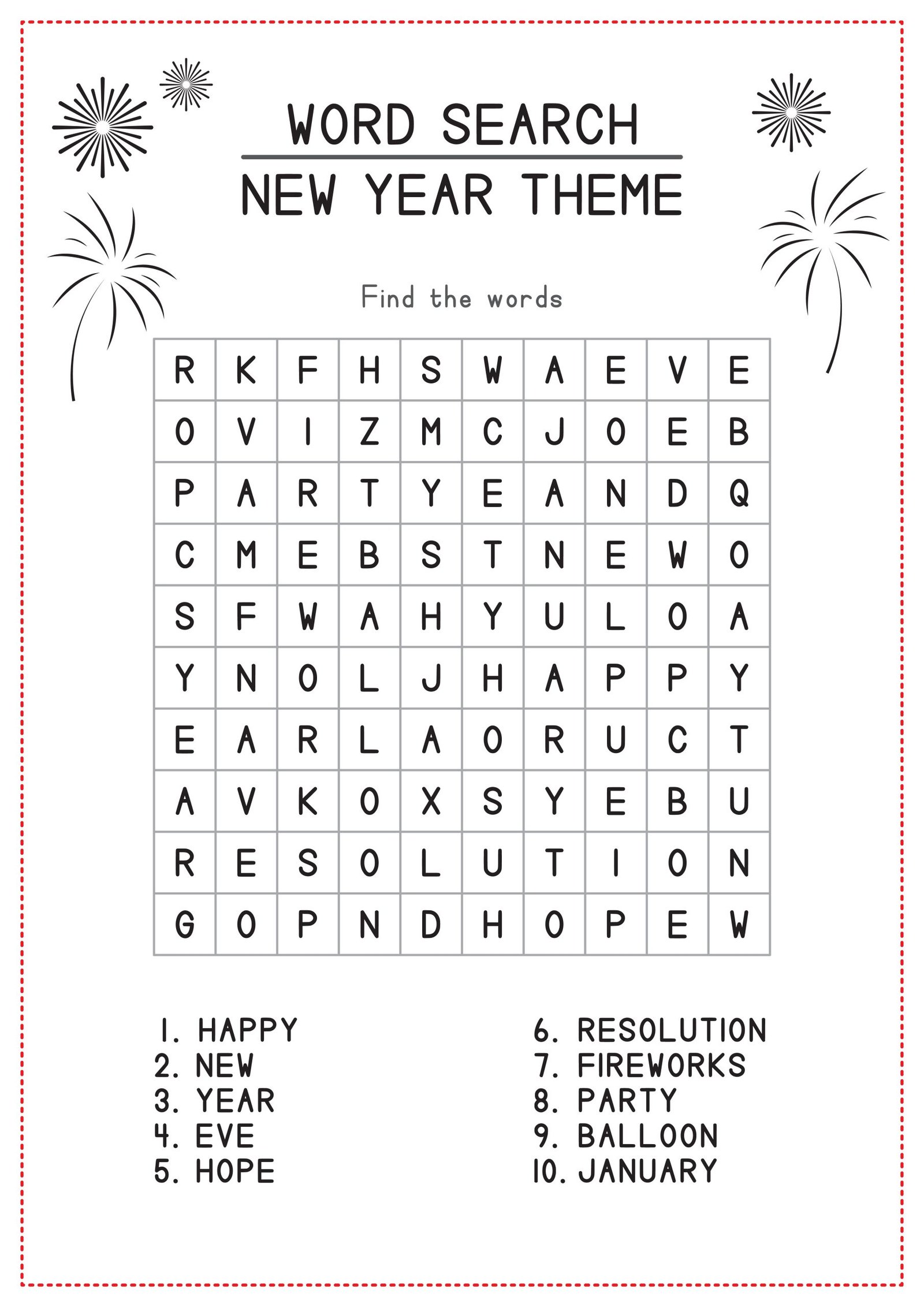 New Year Theme Word Search