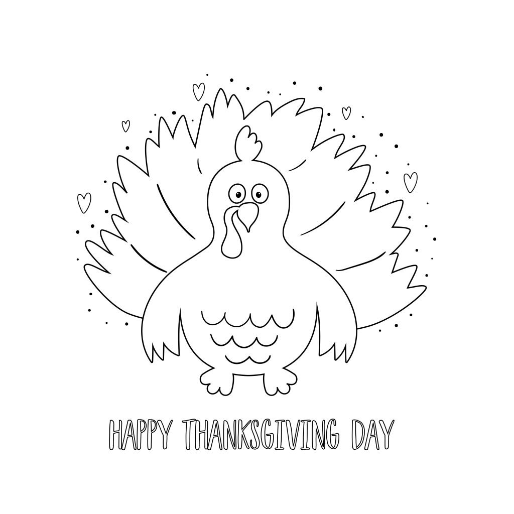 Turkey coloring page. Thanksgiving turkey coloring book. Black and white cartoon turkey. Cute vector Illustration. Easy farm bird animal contour.