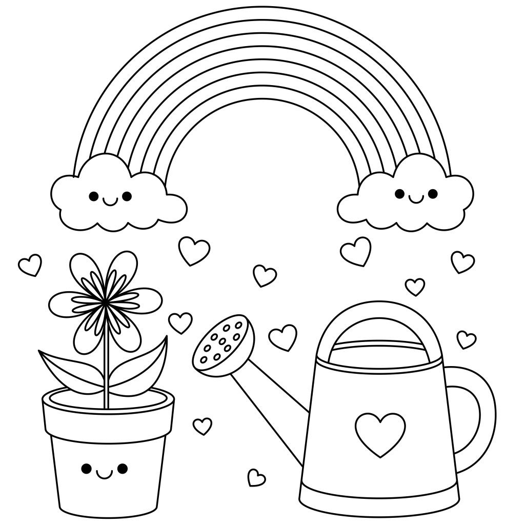 Rainbow, Flower, and Watering Can Fun Coloring Page