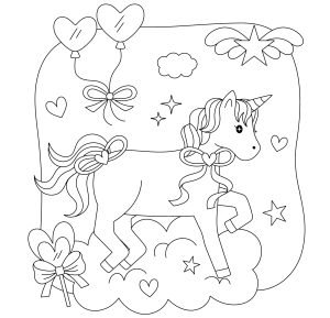 Whimsical Unicorn with Balloons and Hearts