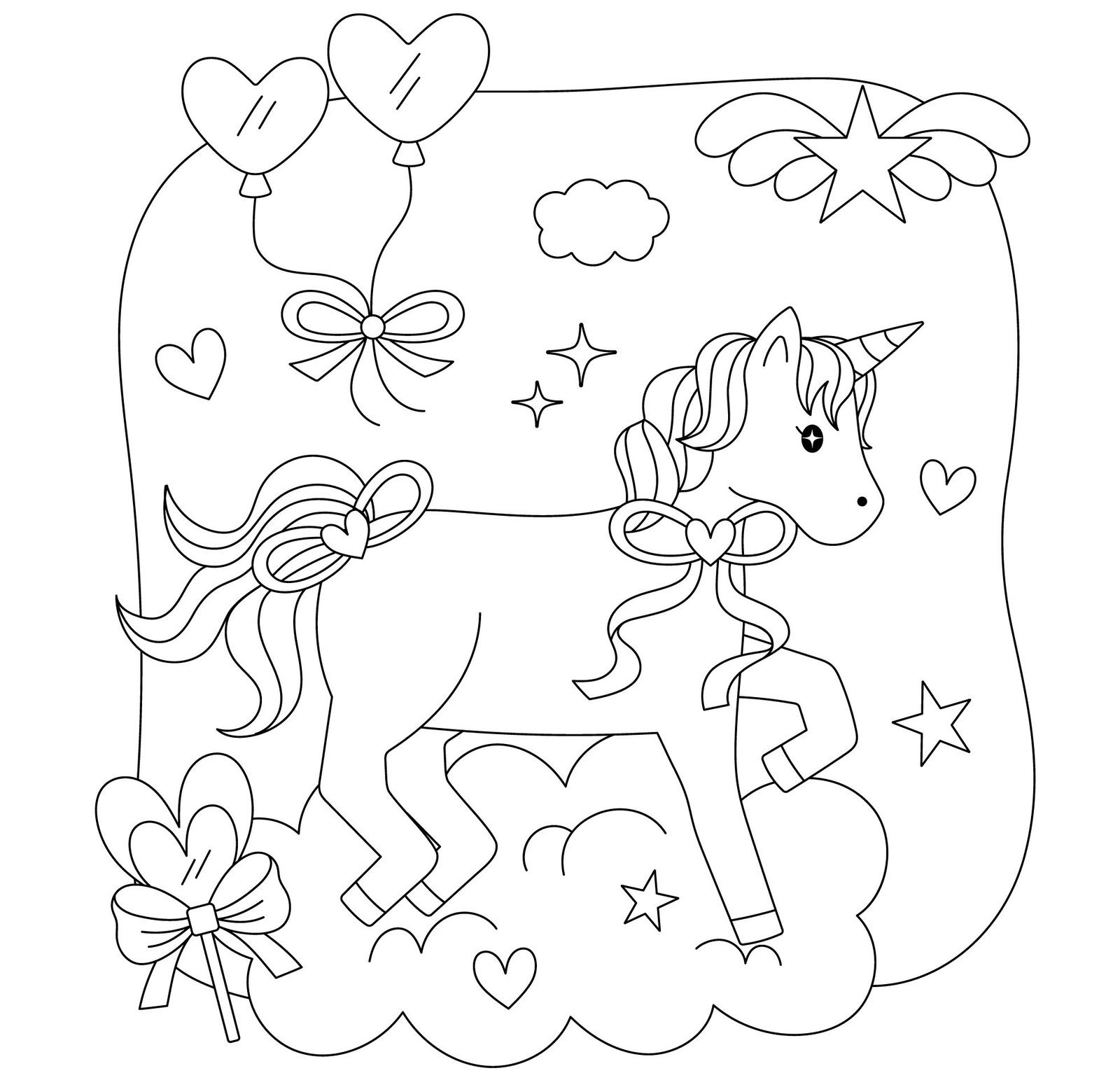 Whimsical Unicorn with Balloons and Hearts