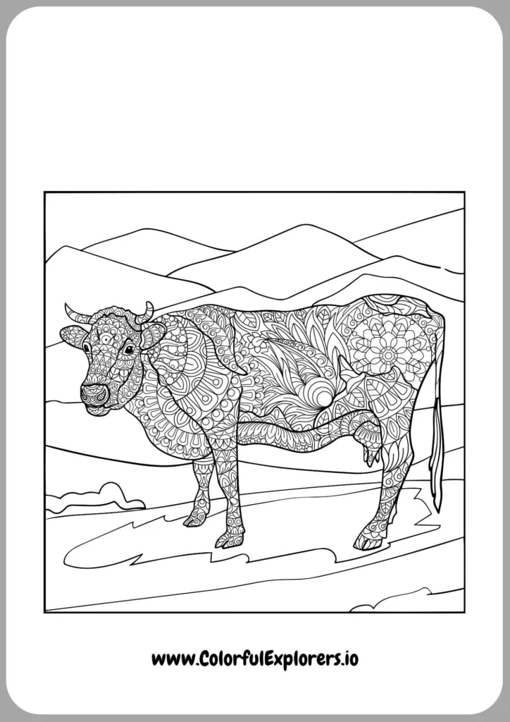 Cow with Trees Coloring Page