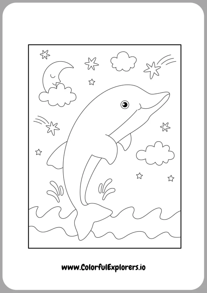 Dolphin with Sun and Clouds Coloring Page