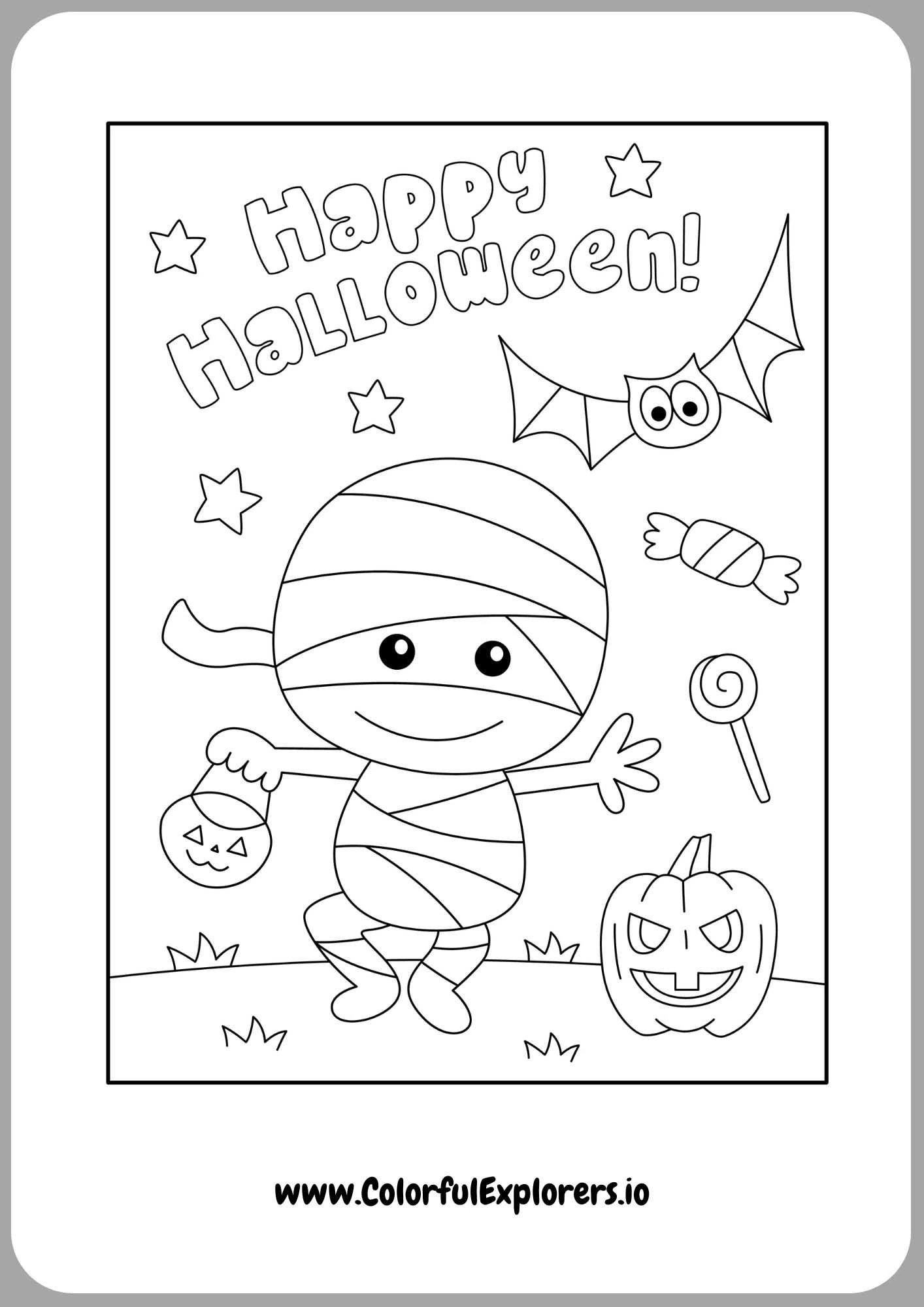 Happy Halloween Candy and Treat Coloring Page